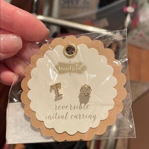 Mud Pie Gold Initial Earrings with Clear Stone